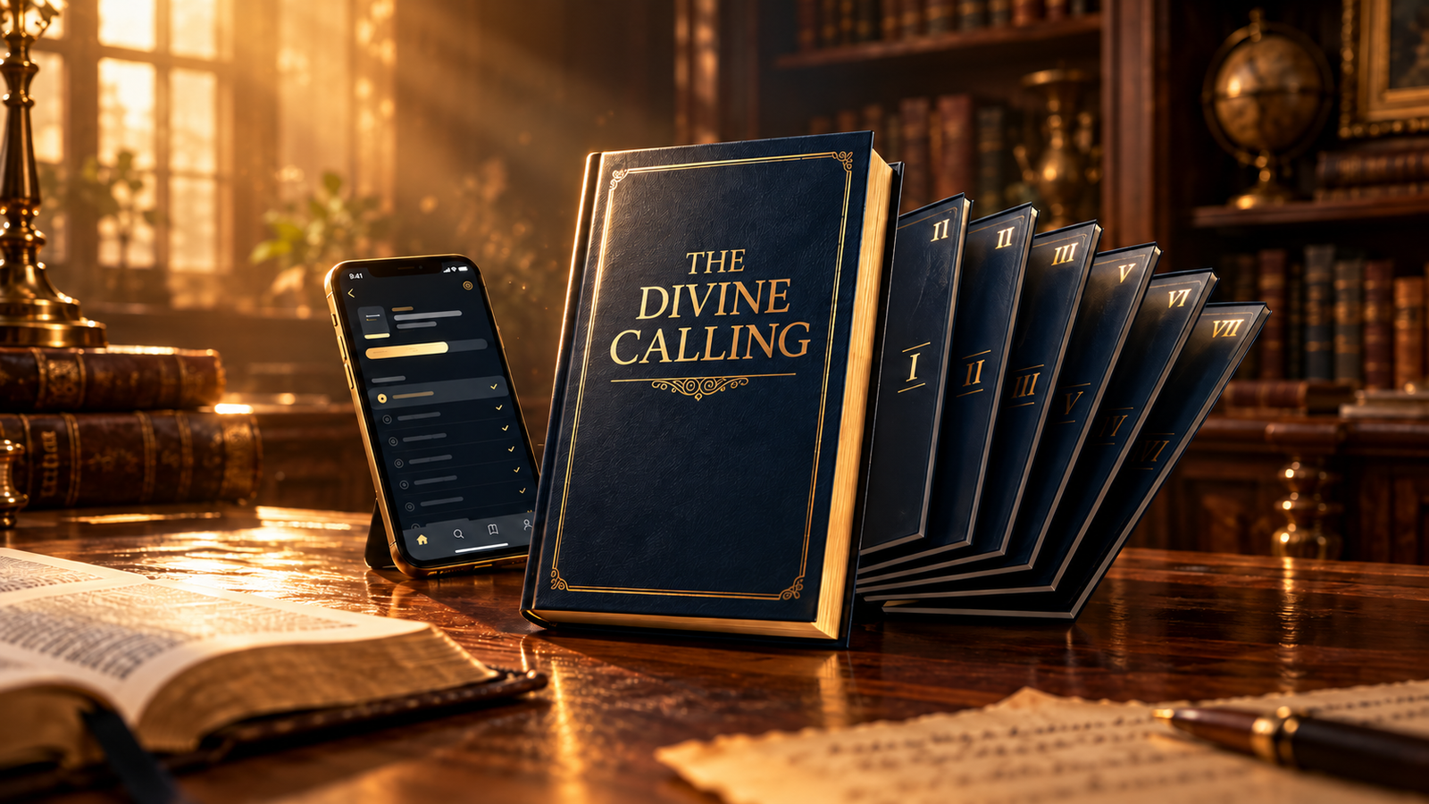 Illustrative digital product mockup with seven navy and gold volumes and a reading screen
